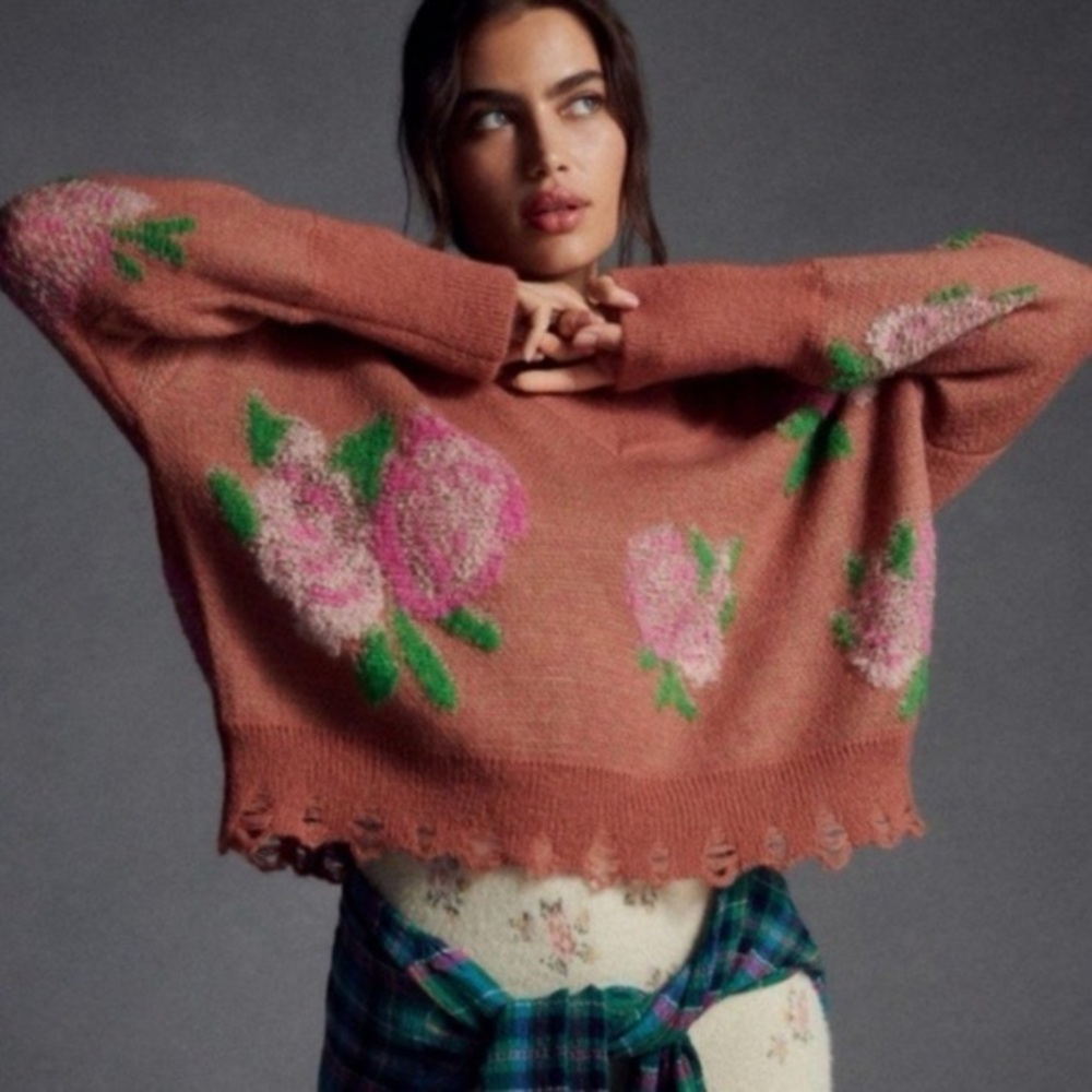 Anthropologie Floral Distressed Drop Shoulder V-Neck Sweater size extra large